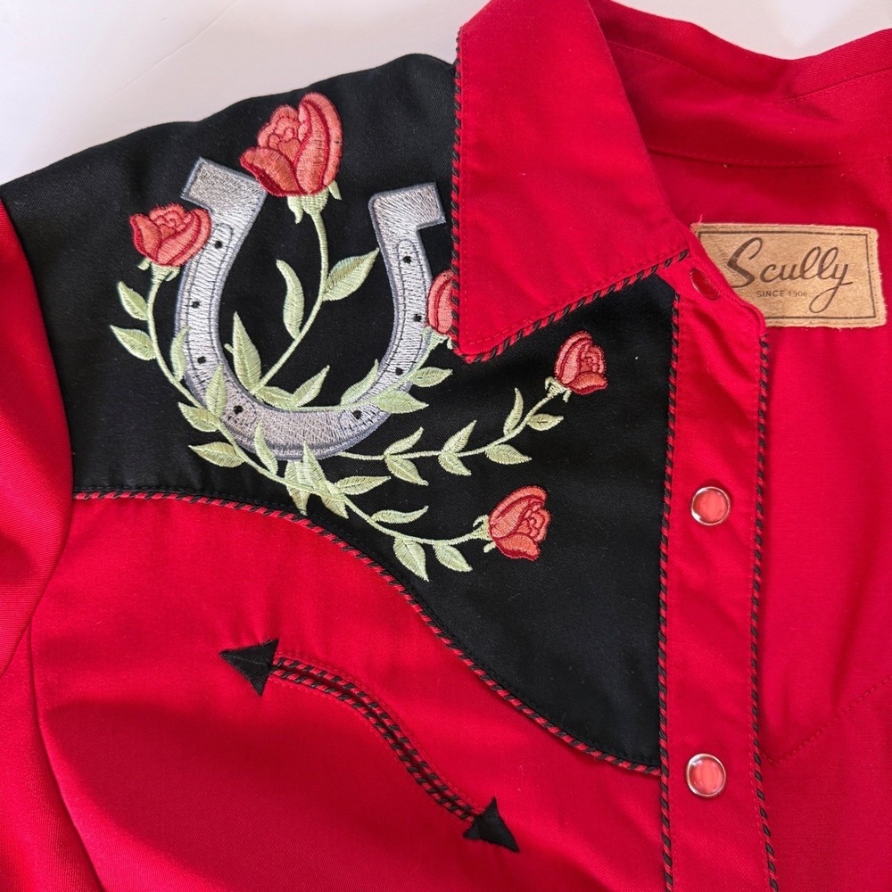 Scully Womens Red Western Snap Embroidered Horseshoe Rose Shirt  Size XL Cowgirl - Picture 5 of 10